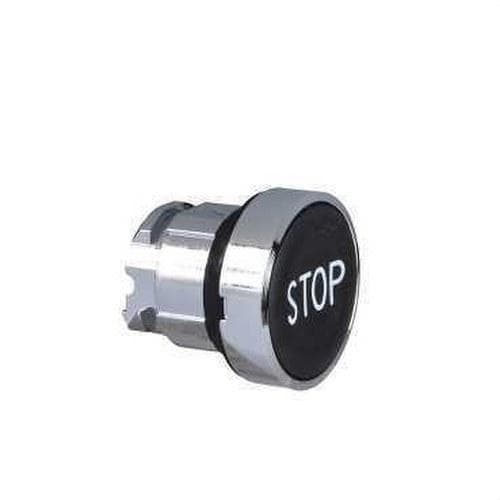 Schneider Electric - Cabeza pulsador diámetro 22 rasante negro stop blanco embellecedor metálico