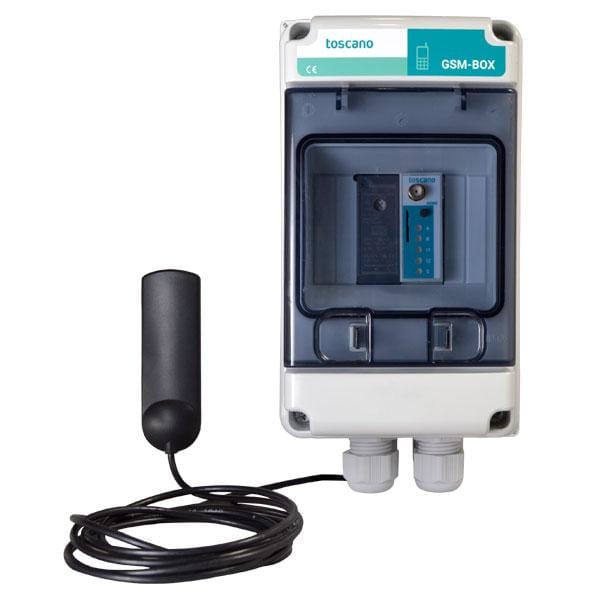 TOSCANO - Caja de PVP 12 elementos con módulo GSM-8, 8ED/4SR 220VAC, montaje carril DIN, con batería interna y antena incluida + magnetotérmico 2x16A