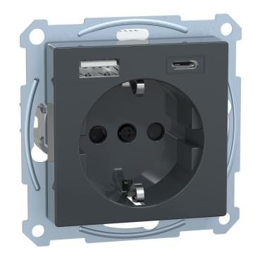 Schneider Electric - Enchufe + Cargador USB A+C, System M, 2P + E, 16A, conexión rápida, Antracita
