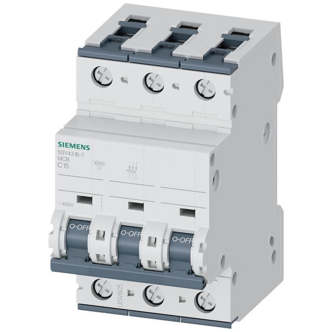 SIEMENS - Interruptor protección selectiva 400V 10kA, 3 polos, C, 15A, profundidad 70mm