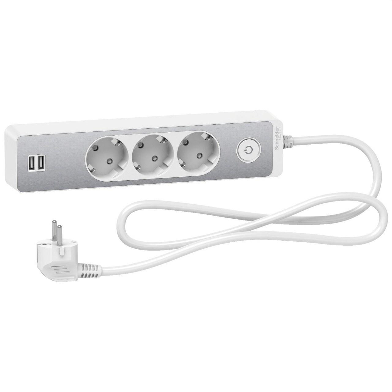 Schneider Electric - Base multienchufe de 3 tomas + 2 USB cable 1,5m, blanco acabado aluminio