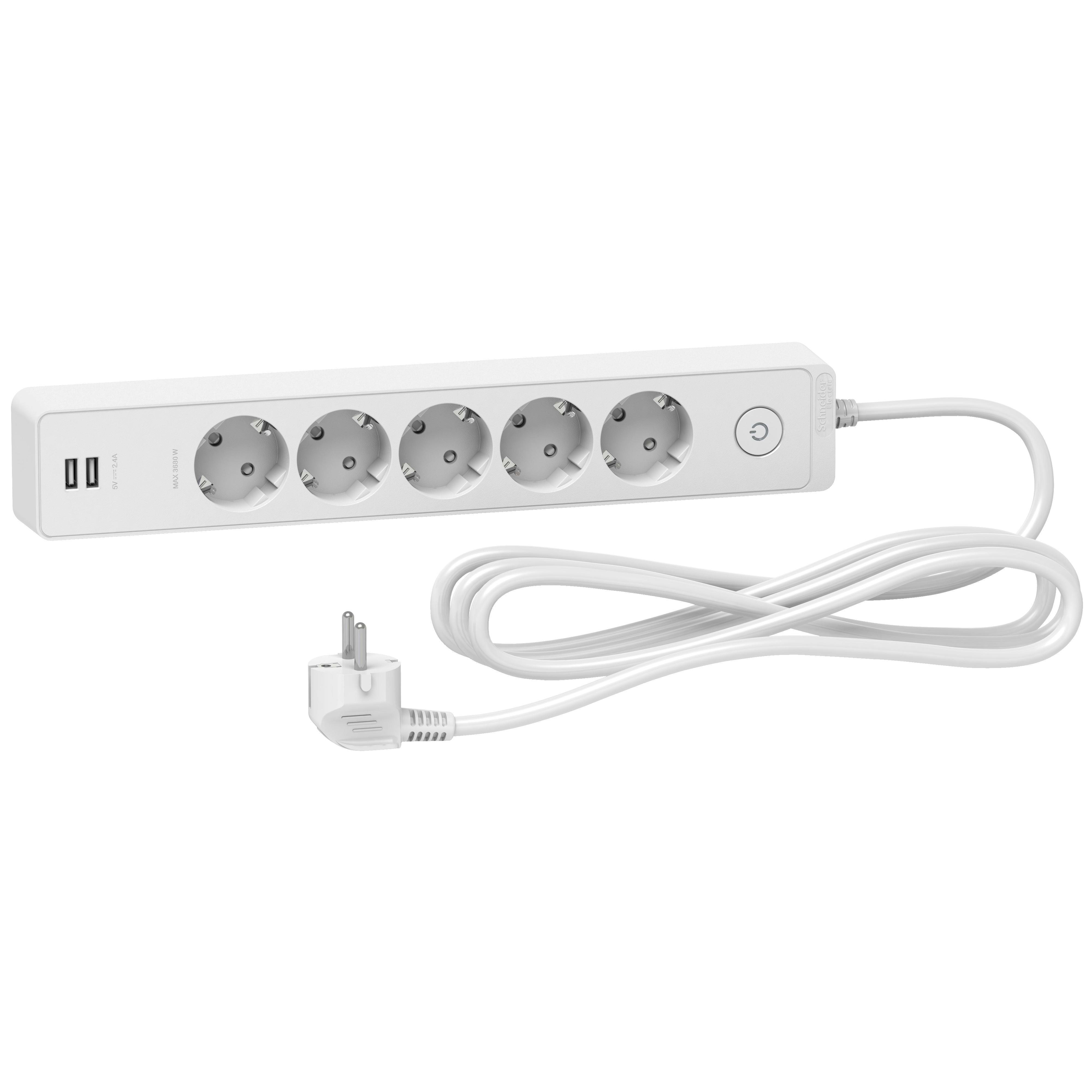 Schneider Electric - Base multienchufe de 5 tomas + 2 USB cable 3m blanco