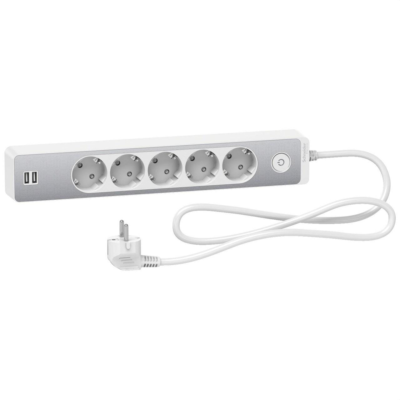 Schneider Electric - Base multienchufe de 5 tomas + 2 USB cable 1,5m blanco acabado aluminio
