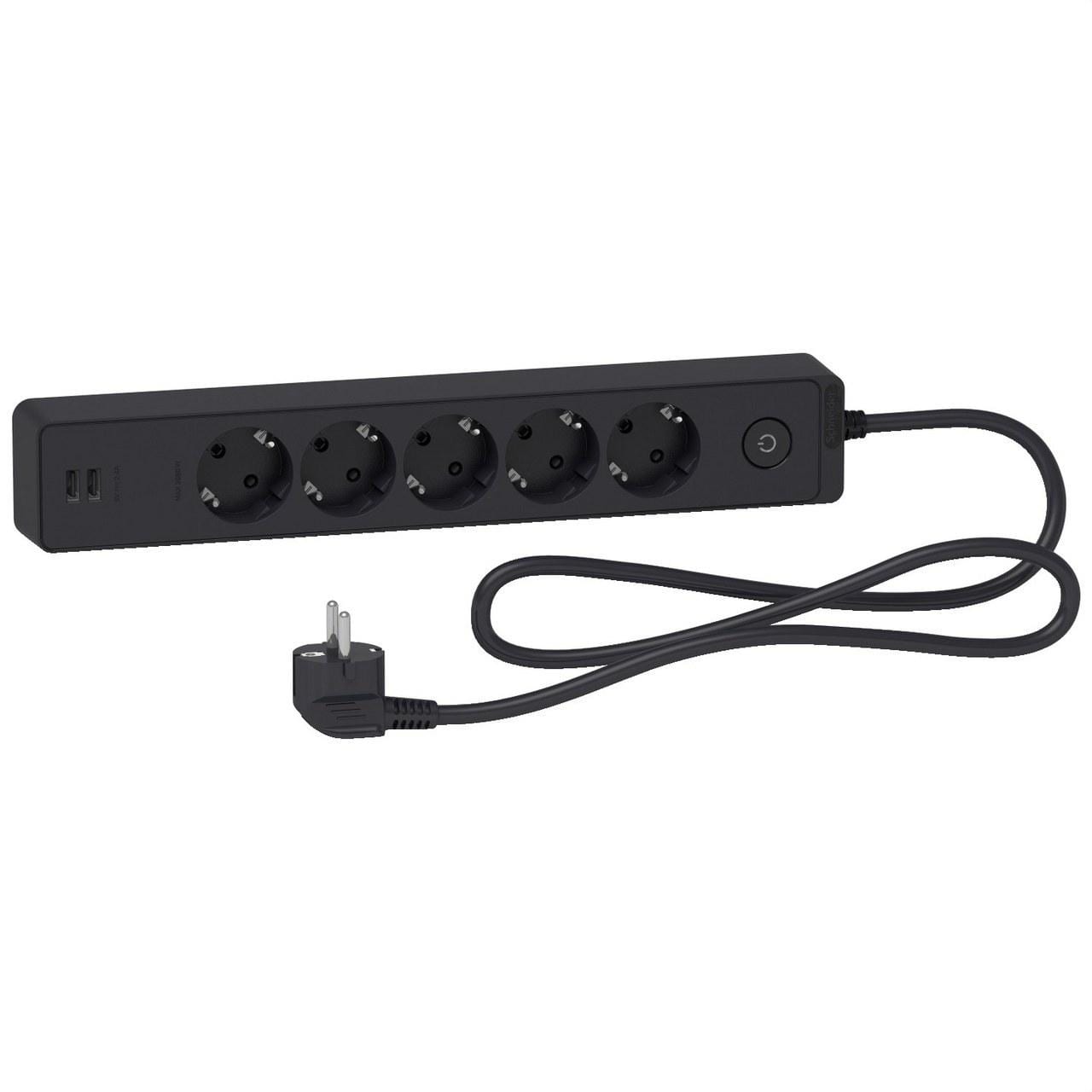 Schneider Electric - Base multienchufe de 5 tomas + 2 USB cable 1,5m negro
