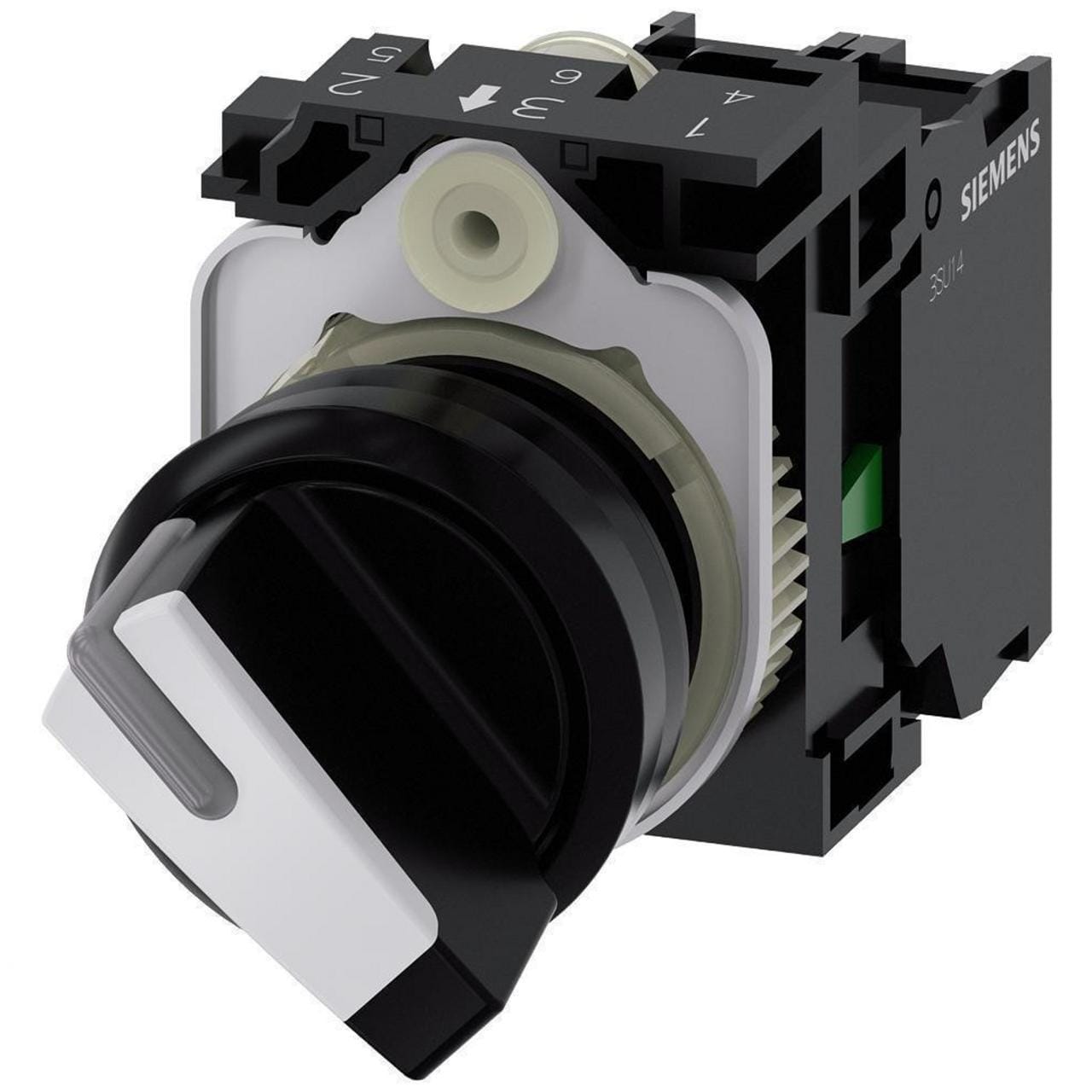 SIEMENS - Selector iluminable 22mm circular plástico blanco muletilla corta 2 posiciones O-I enclavante 10:30h/13:30 h LED verde