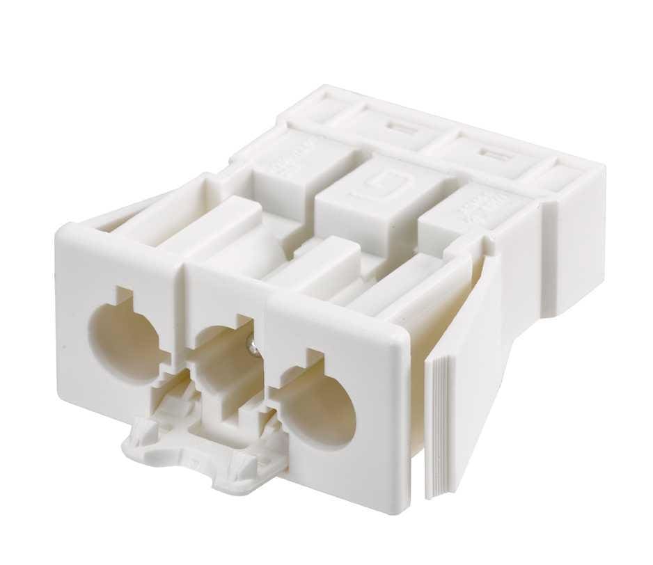 SIMON - Conector rápido de empotrar "Macho" de 3 polos con sistema de bloqueo de latiguillo electrico con conexión blanca