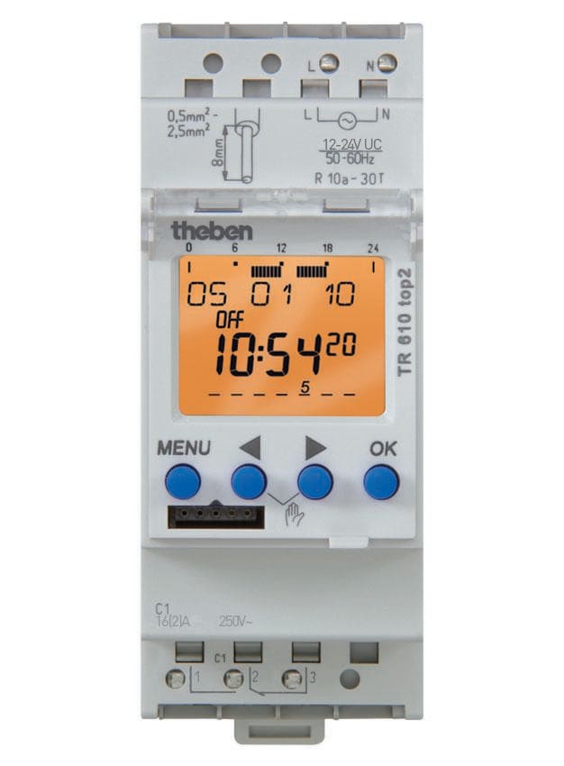 THEBEN - Interruptor horario digital de instalación en carril 1 canal, 7 días, línea de texto, base de montaje, 2 módulos