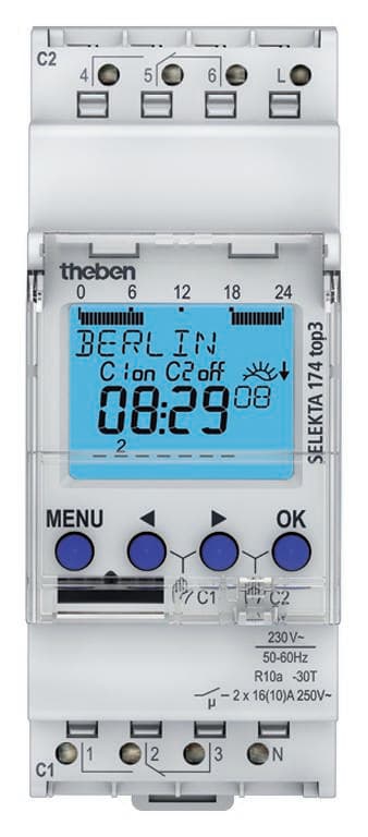 THEBEN - Interruptor horario digital, programa astronómico y programa semanal, 2 canales, programación mediante app posible