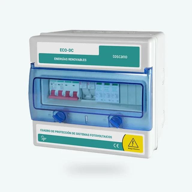 TOSCANO - Cuadro fotovoltaica con 1 string, 1 MPPT, 1.000VDC, protección magnetotérmico 20A, con transitoria 40kA T2 sin MC4, caja IP65, 270x250x155mm