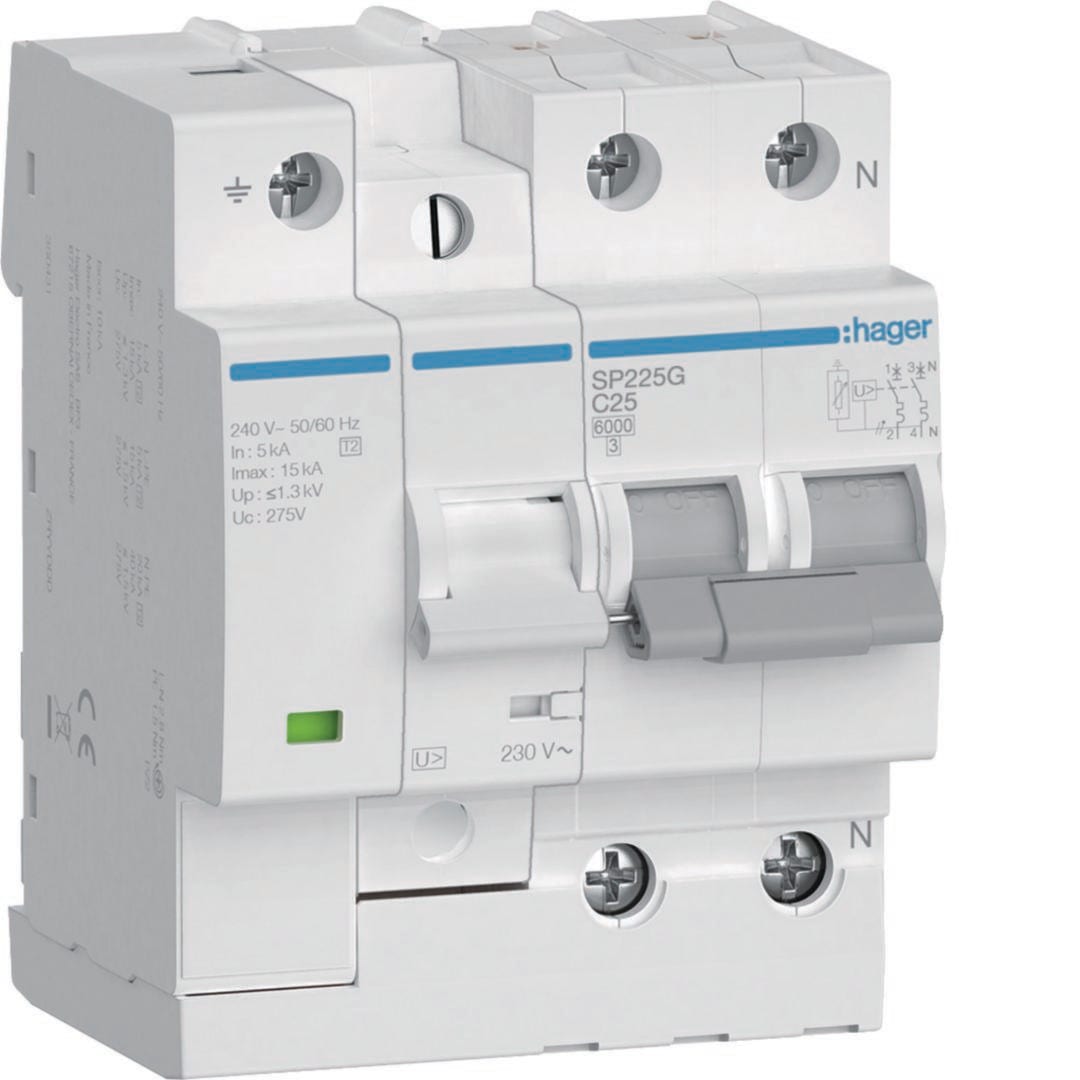 HAGER - Interruptor auto combinado protección contra sobretensiones 2P 6kA Curva C 25A