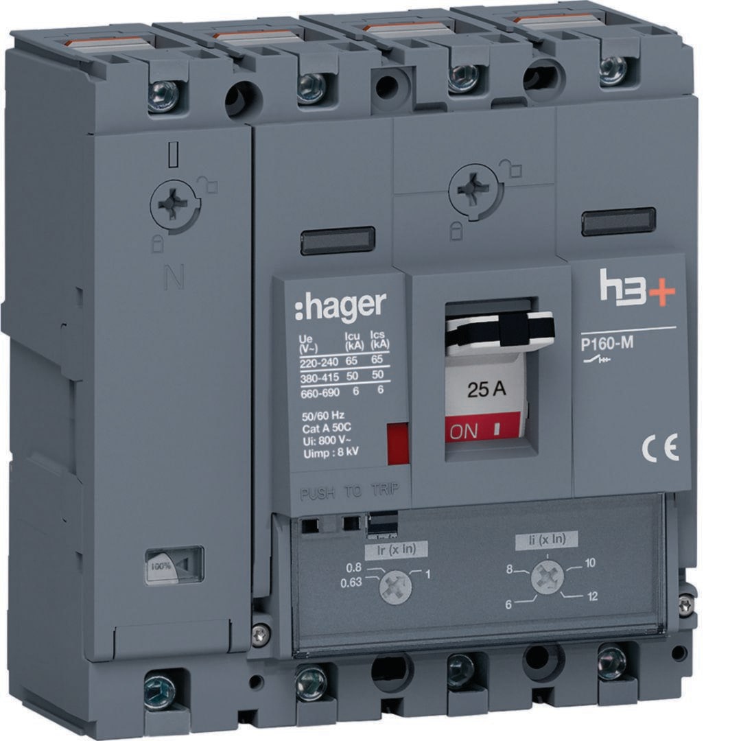 HAGER - Int.aut.P160,4P N0-100%,25A,50kA,TM reg