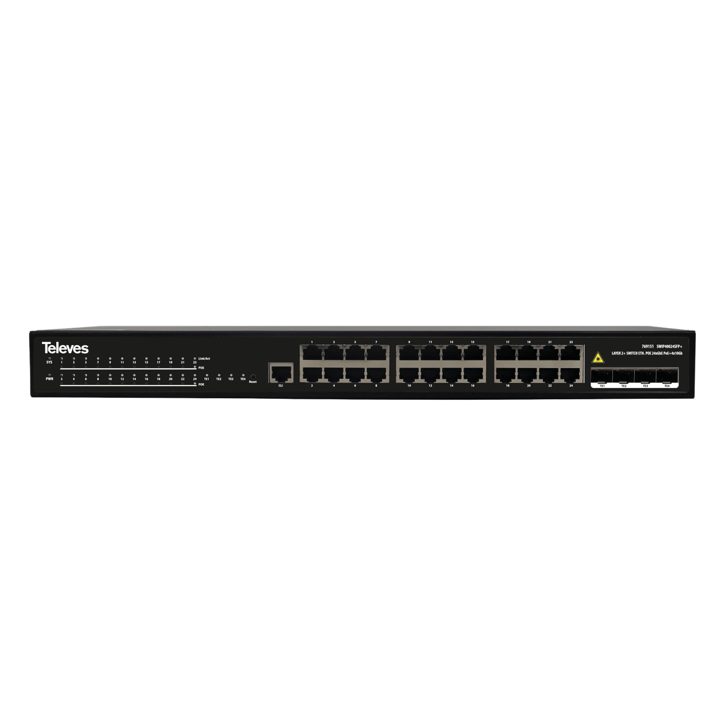 TELEVES - Switch Ethernet Layer 2+ 24xGbE (PoE+, 370W) + 4xSFP+ (10Gbps)