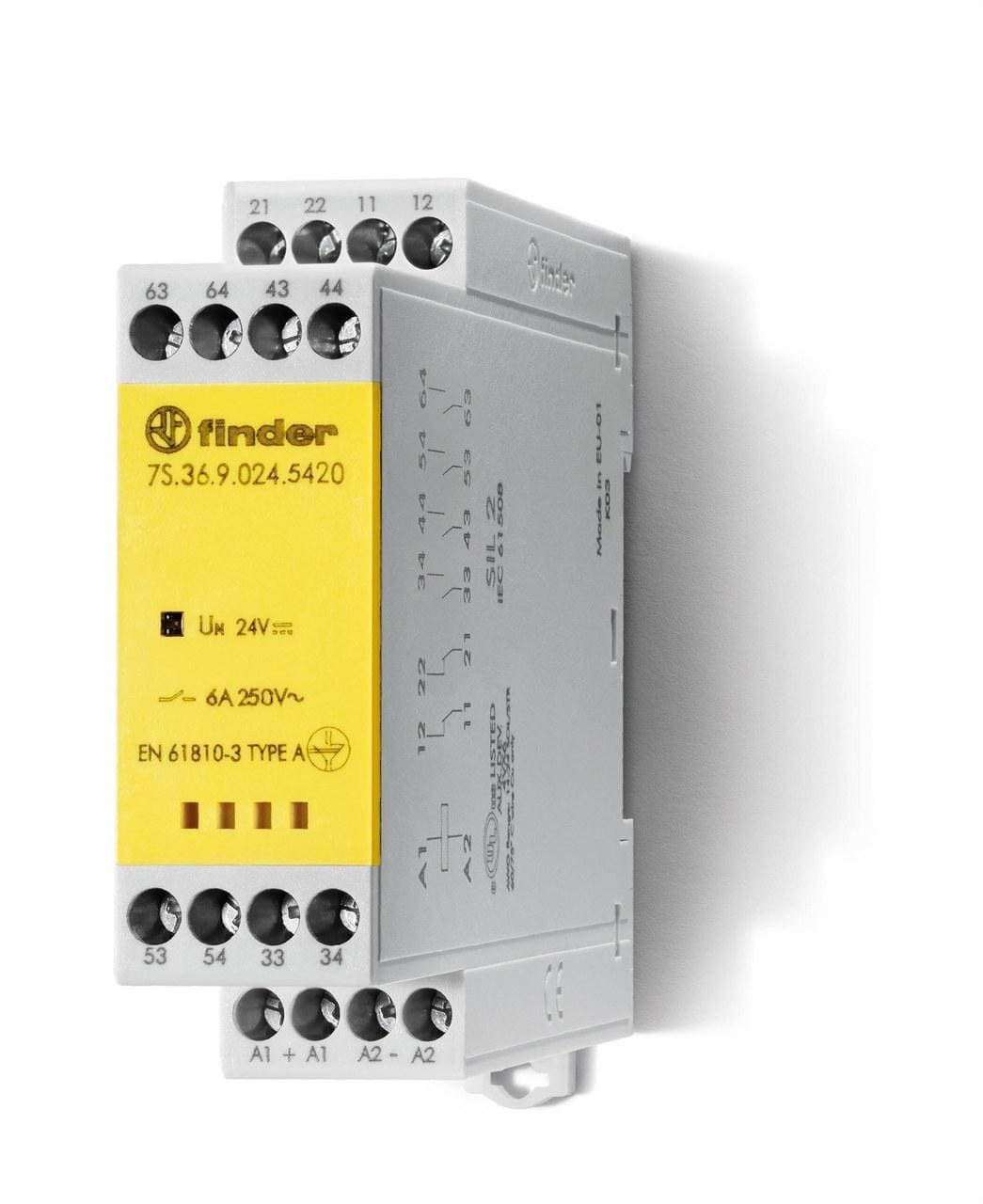 FINDER - Relé modular con contactos de guía forzada SERIE 7S, ancho 22,5mm, bornes de jaula, 4NA+2NC, AgSnO2+Au, 24V DC