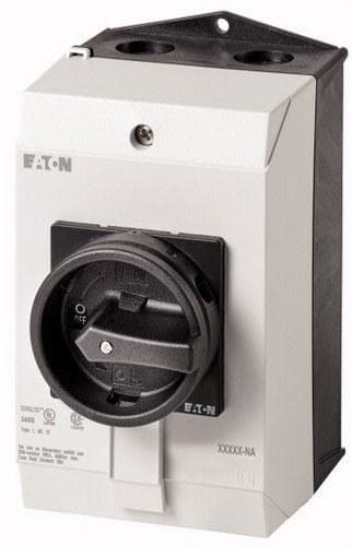 EATON - Interruptor general 3P+1 NO+1 NC 32A montaje en caja maneta negra bloqueable en posición 0 (OFF) para Norte América