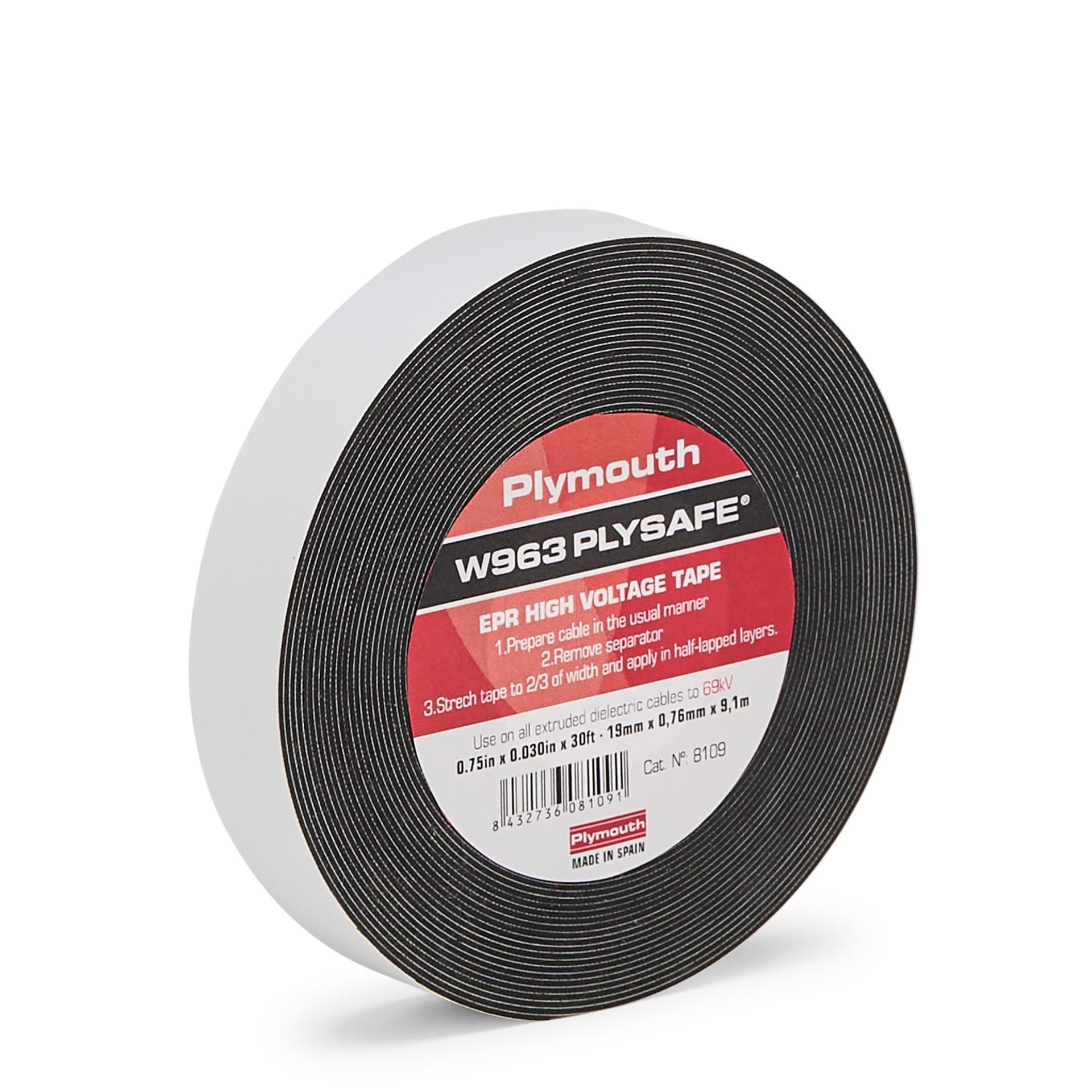 PLYMOUTH - Cinta aislante caucho EPR autosoldable ALTO VOLTAJE hasta 69kV 9,1m x 19mm x 0,76mm Negro CE