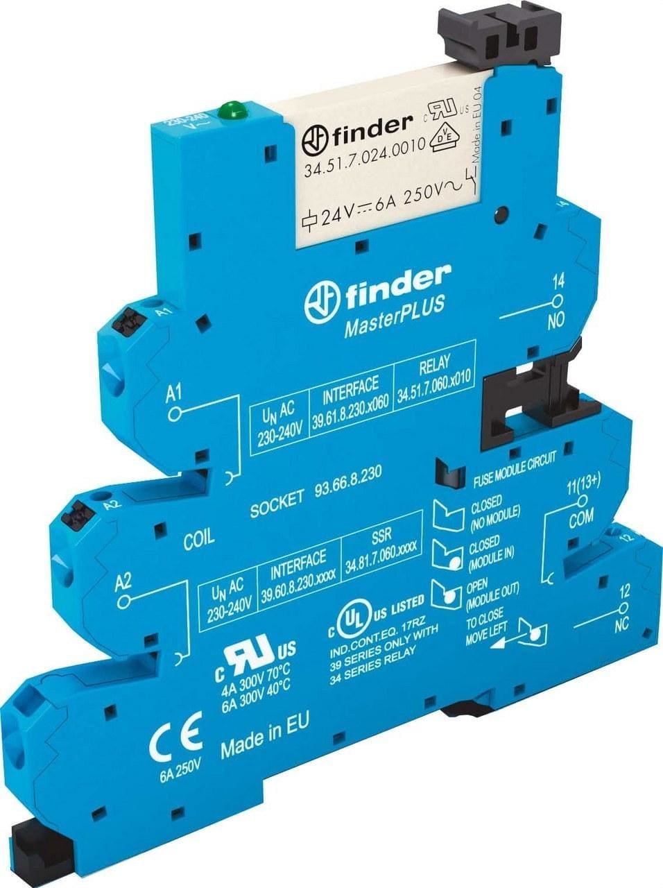 FINDER - Interfaz modular relé MasterPLUS SERIE 39, 1 contacto conmutado, 24V AC/DC, bornes push in