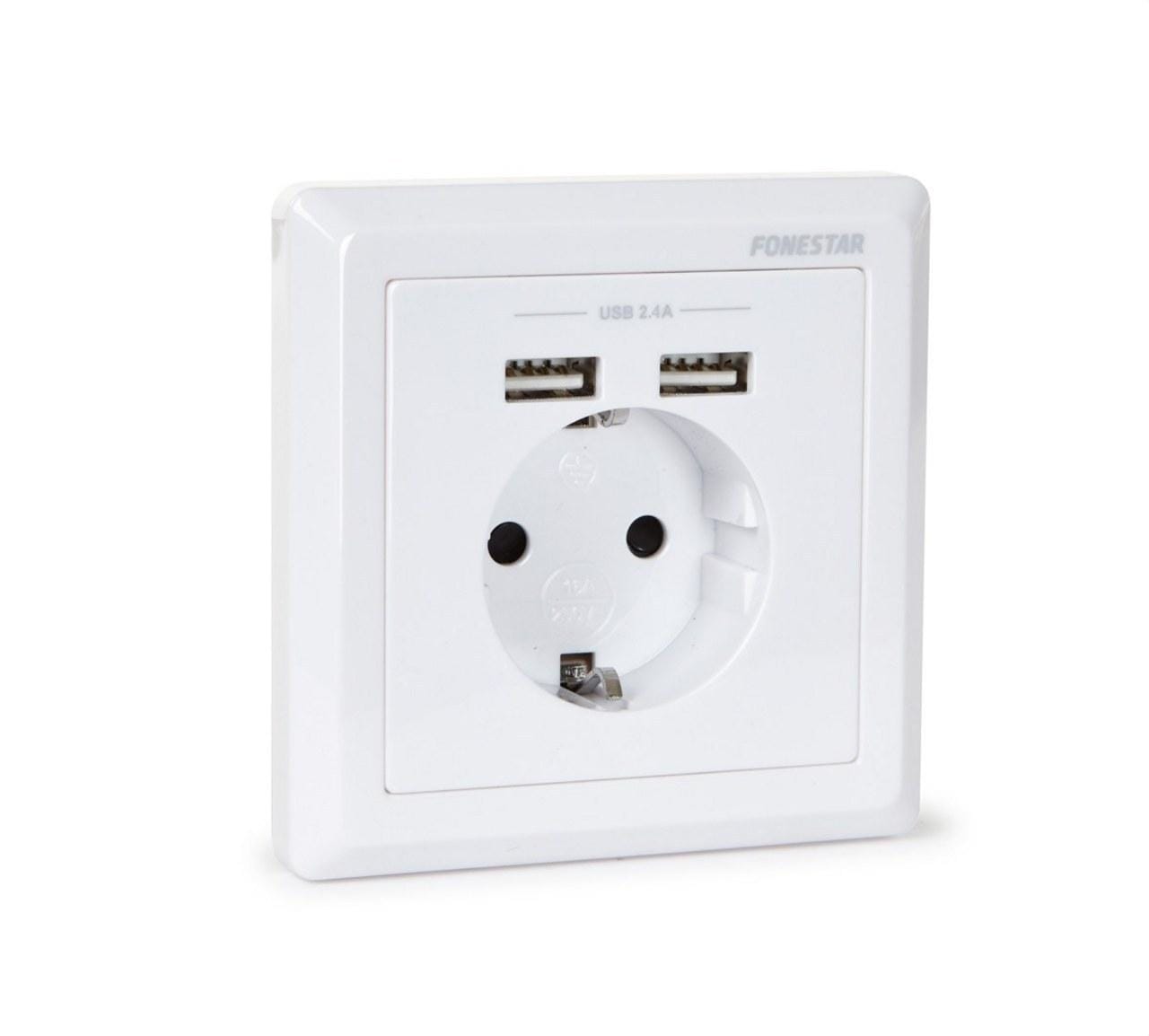 FONESTAR - Panel conexión 2xUSB hembra 5VCC 86x86x50mm blanco