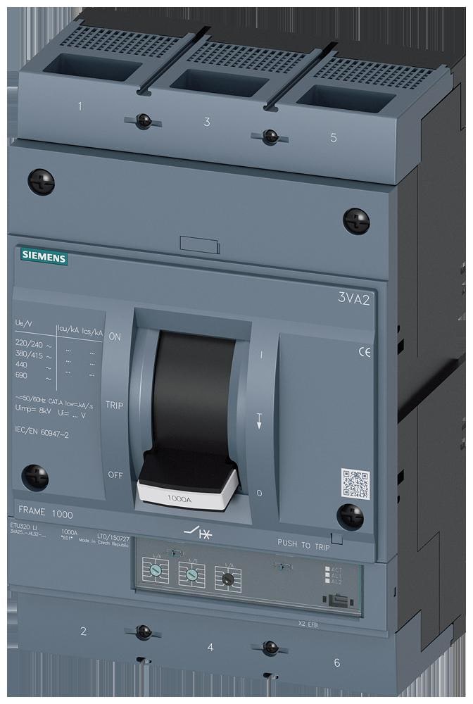 SIEMENS - Interruptor automático 3VA2 IEC tamaño 1000 clase de poder de corte M ICU=55kA 415V 3 polos, ETU320, LI, In=630A