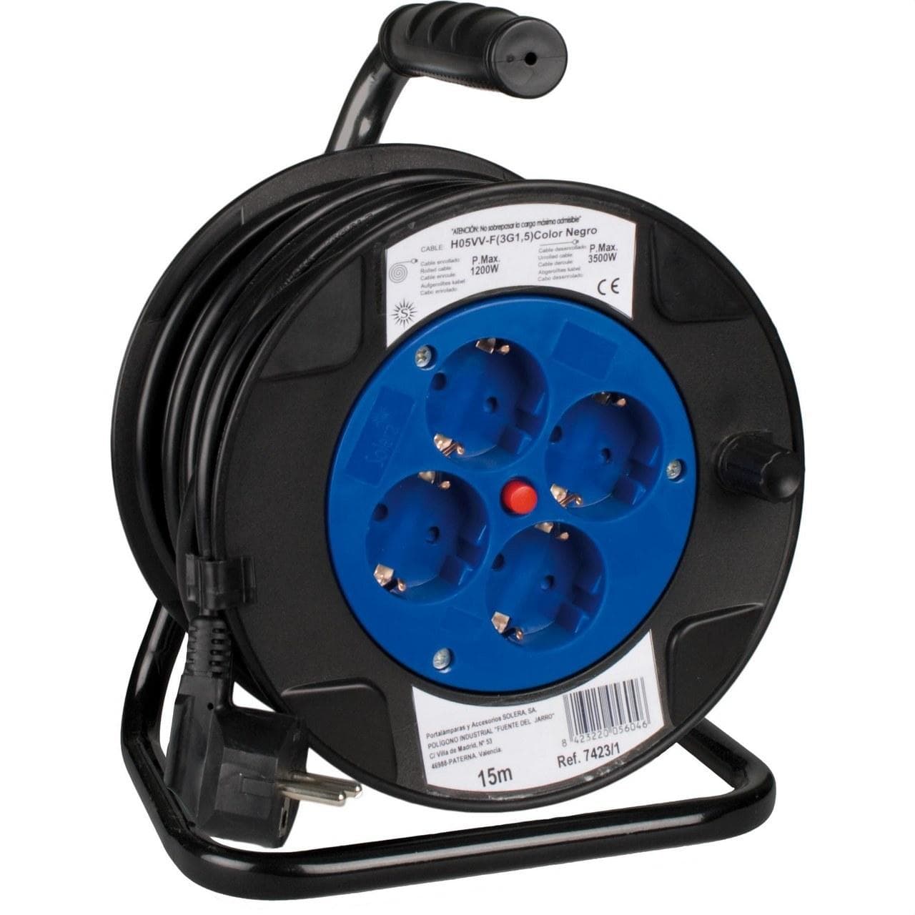 SOLERA - ENRROLLACABLE 4 TOMAS DE 15 M. DE CABLE 3G1,5.POTENCIA MÁX EXTENDIDO/ENROLLADO: 3.500 W/1.200 W.