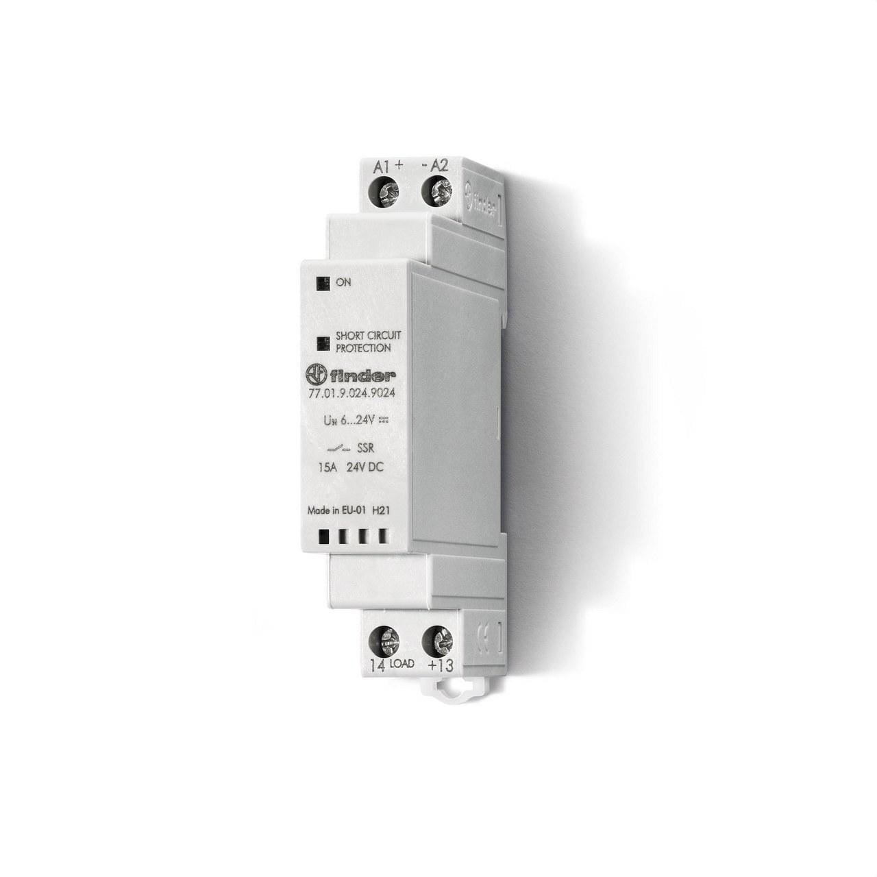 FINDER - Relé de estado sólido SERIE 77, 1 salida NA 15A, montaje carril DIN, 6...24V DC, salida 24V DC