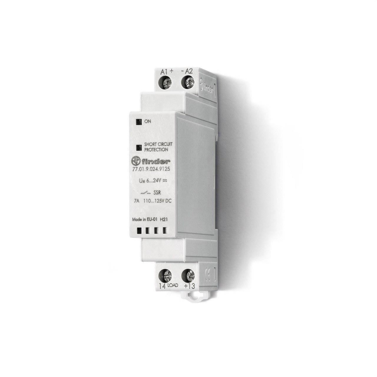 FINDER - Relé de estado sólido SERIE 77, 1 salida NA 7A, montaje carril DIN, 24V AC/DC, salida 110/125V DC (emb.1u)