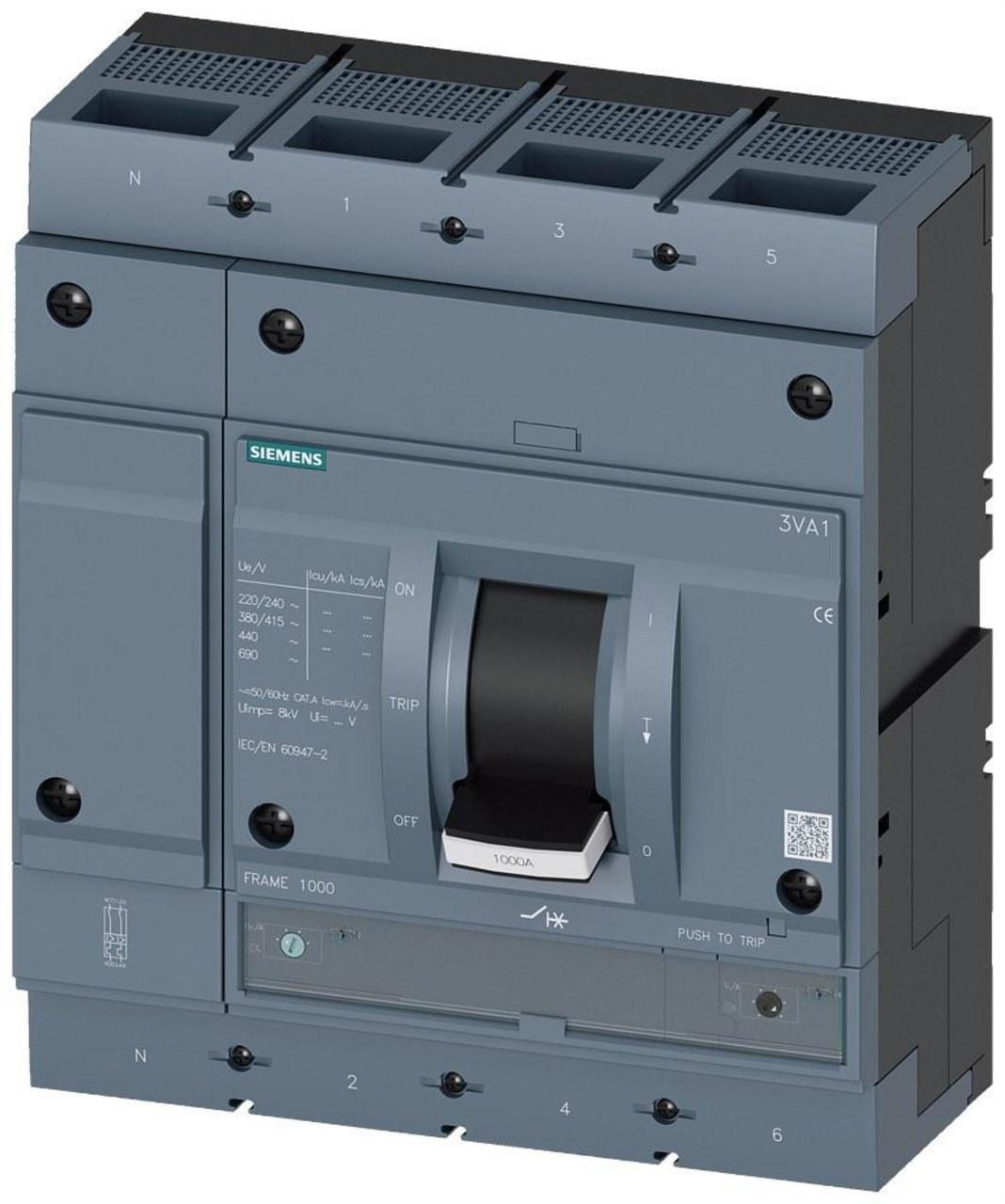 SIEMENS - Interruptor automático 3VA1 IEC tamaño 1000 poder de corte M 55kA 415V 4P TM240, ATAM, 1000A con protección de neutro