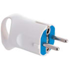 SOLERA - Clavija 2P+T 16A 250V doble sistema de tierra, sujetacables abatible para fácil embornamiento, con asa, espiga de diámetro 4,8 blanco