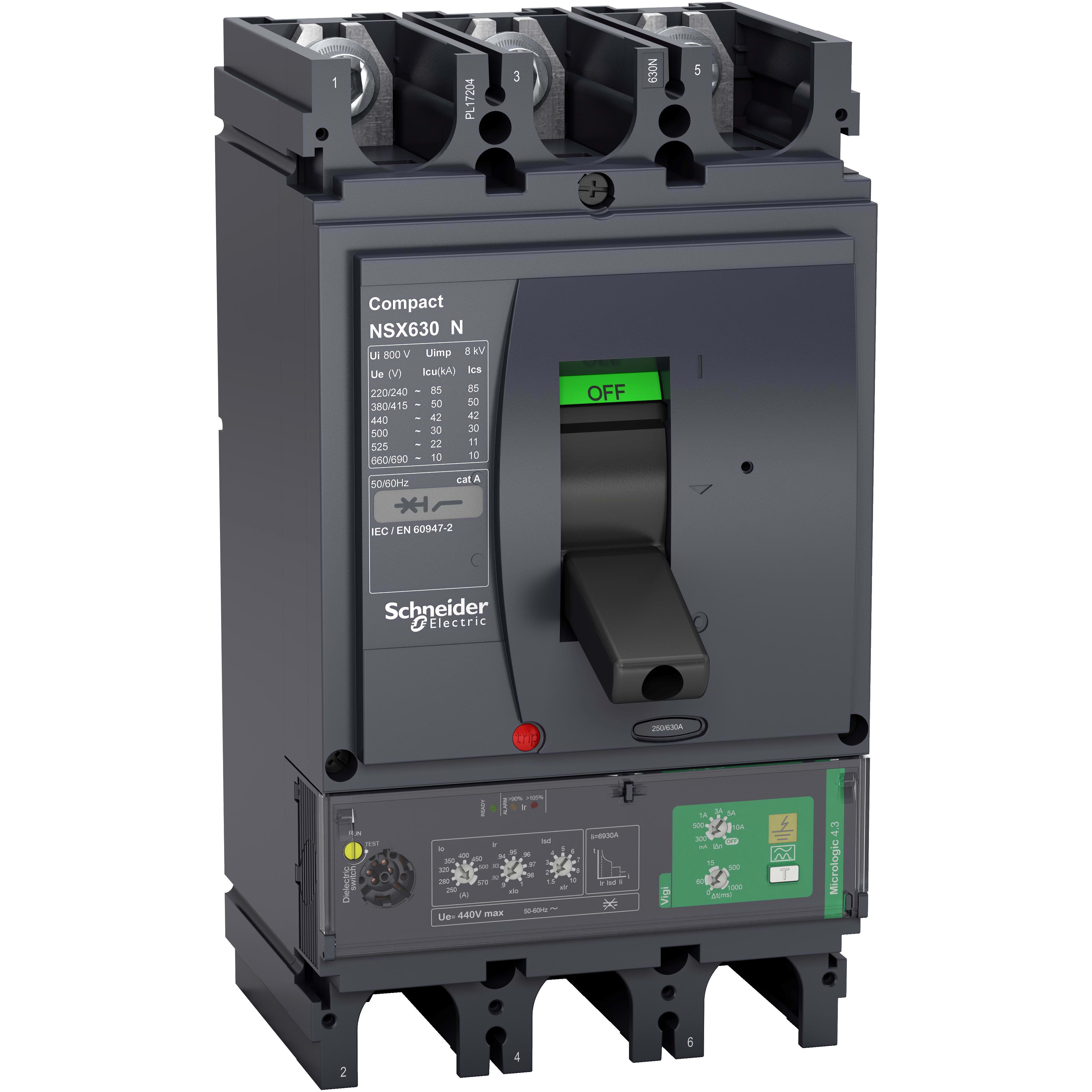 Schneider Electric - Interruptor automático NSX630 3P 50k Micrologic 4.3 Vigi 570A