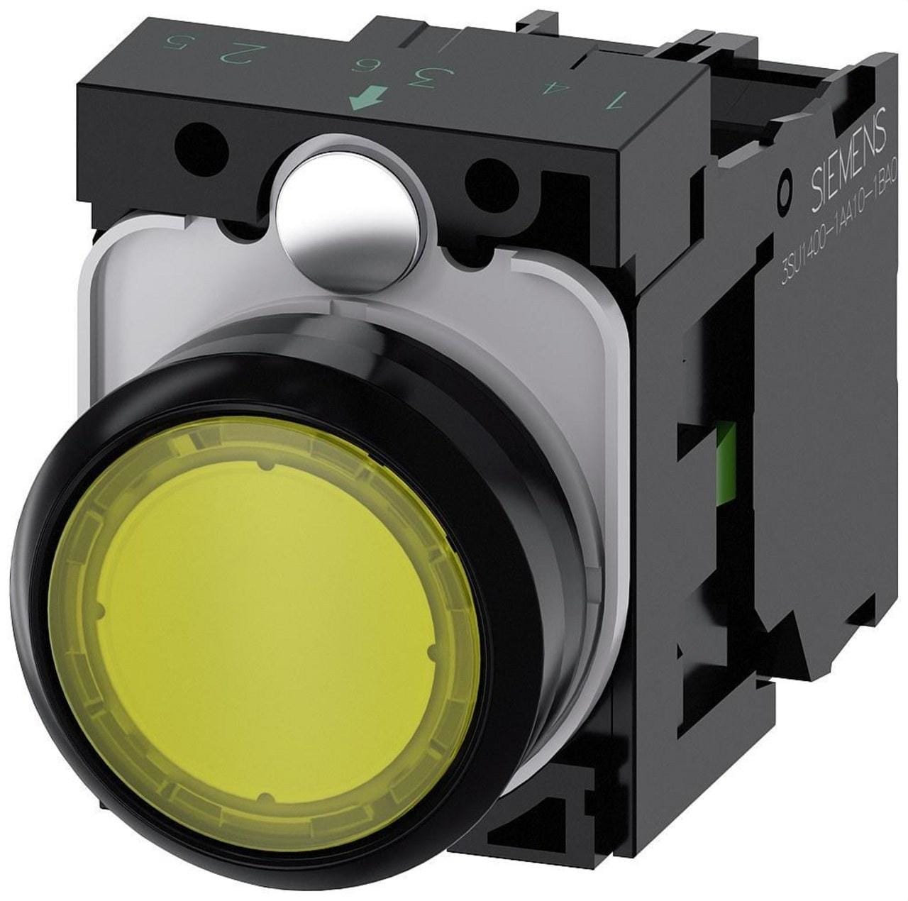 SIEMENS - Pulsador 22mm redondo plástico amarillo 1NA módulo led tornillo