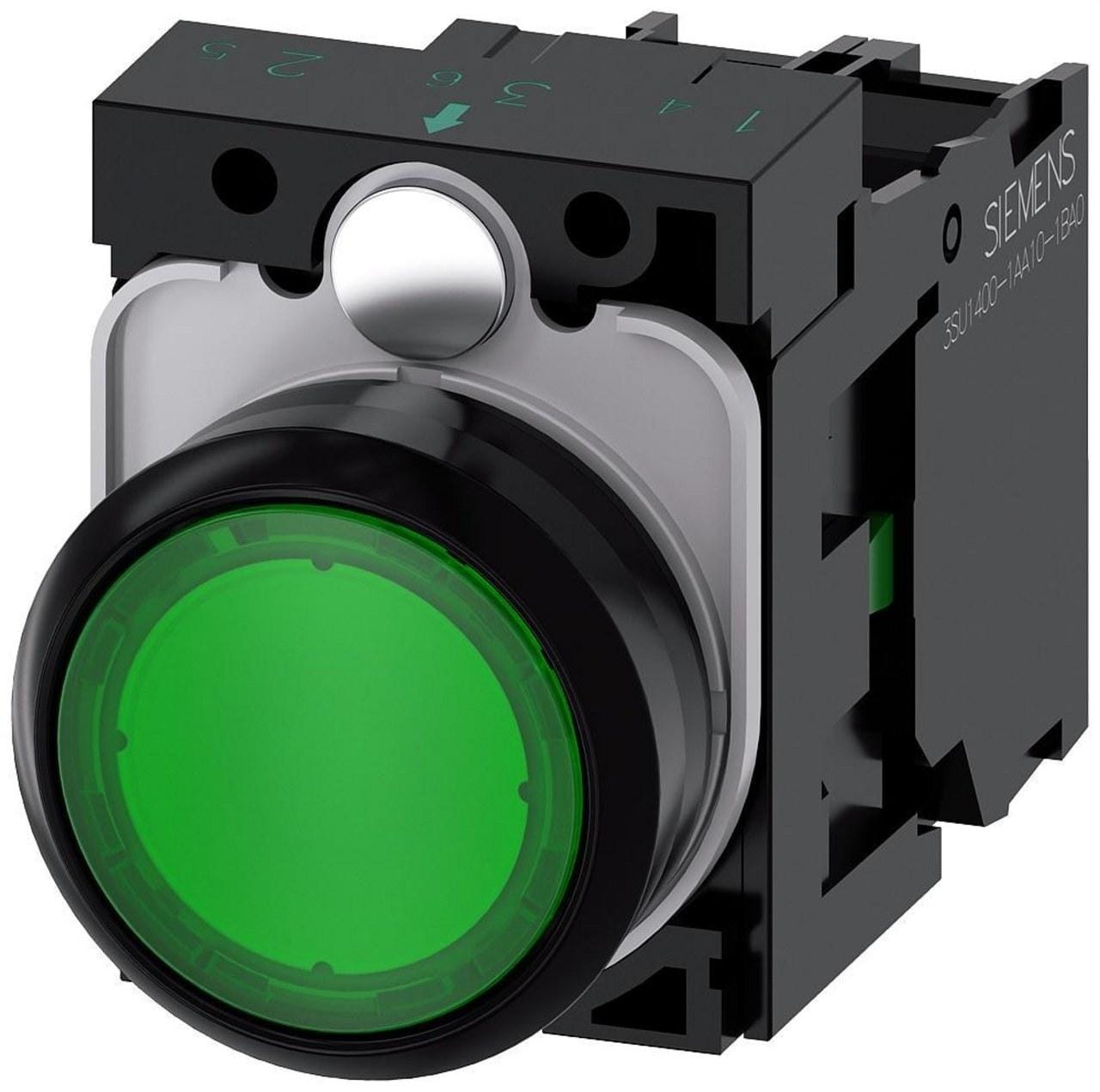 SIEMENS - Pulsador 22mm redondo plástico verde 1NA módulo led tornillo