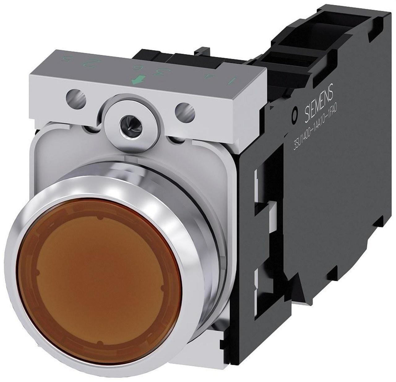 SIEMENS - Pulsador redondo metálico brillante ámbar 1NA+1NC led tornillo