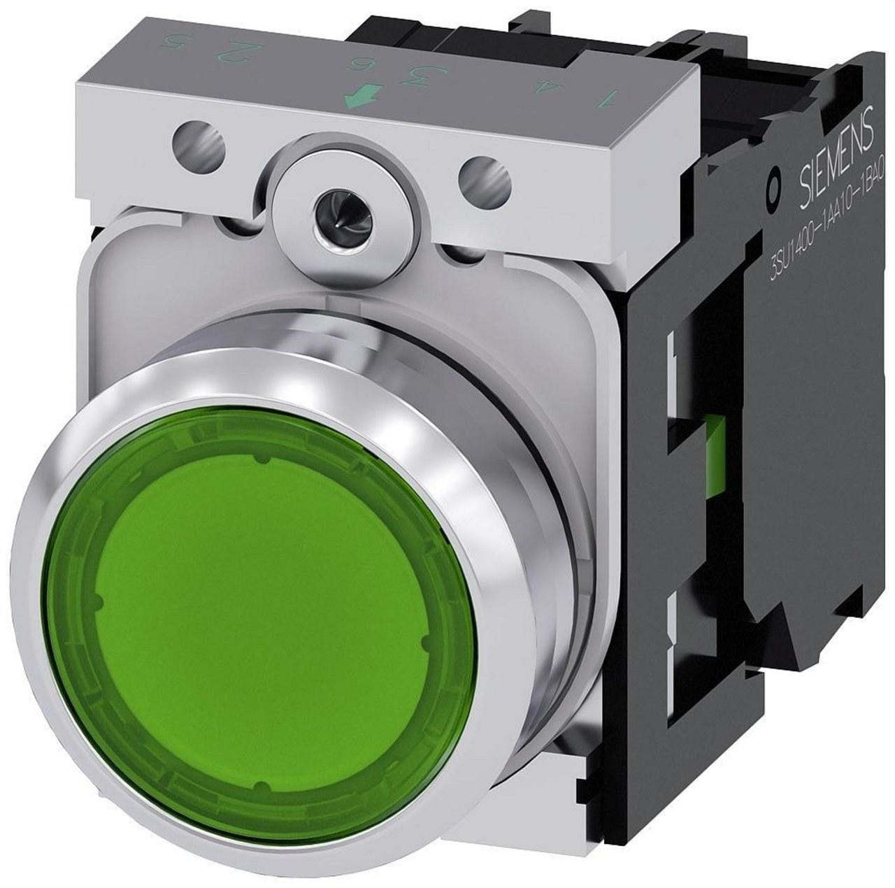 SIEMENS - Pulsador redondo metálico brillante verde 1NA led tornillo