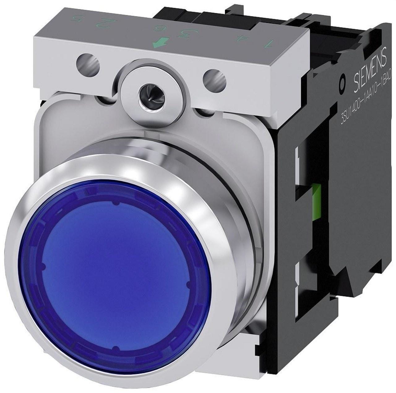 SIEMENS - Pulsador redondo metálico brillante azul 1NA led tornillo