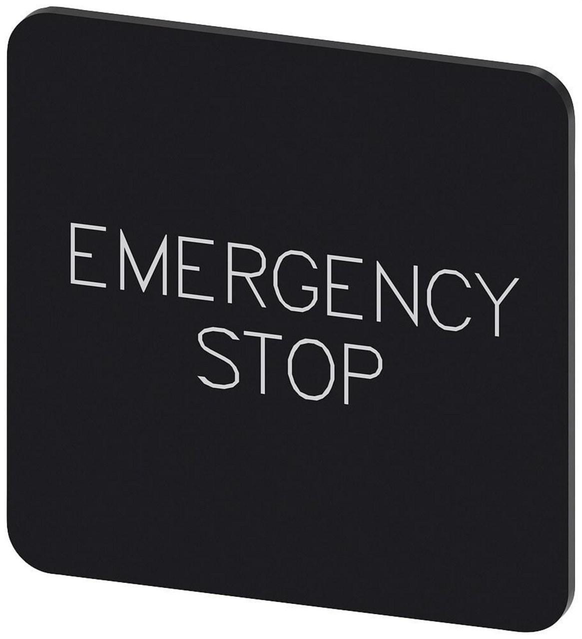 SIEMENS - Plaquita 27x27mm negro inscripción EMERGENCY STOP blanco