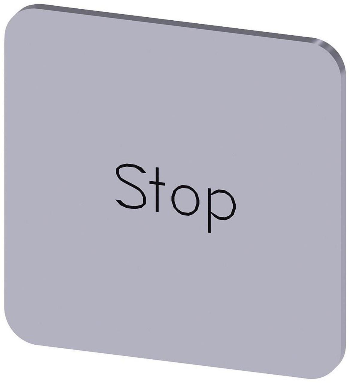 SIEMENS - Plaquita caja 22x22mm plata letras negro inscripción STOP