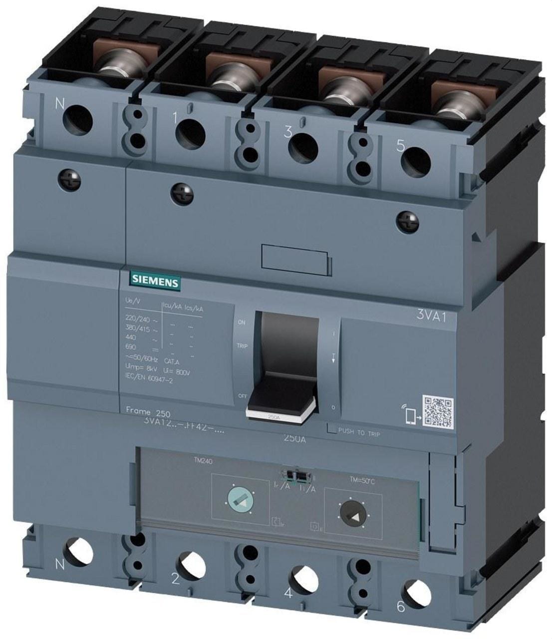 SIEMENS - Interruptor automático 3VA1 55kA 4 polos TM240 250A neutro 0,5
