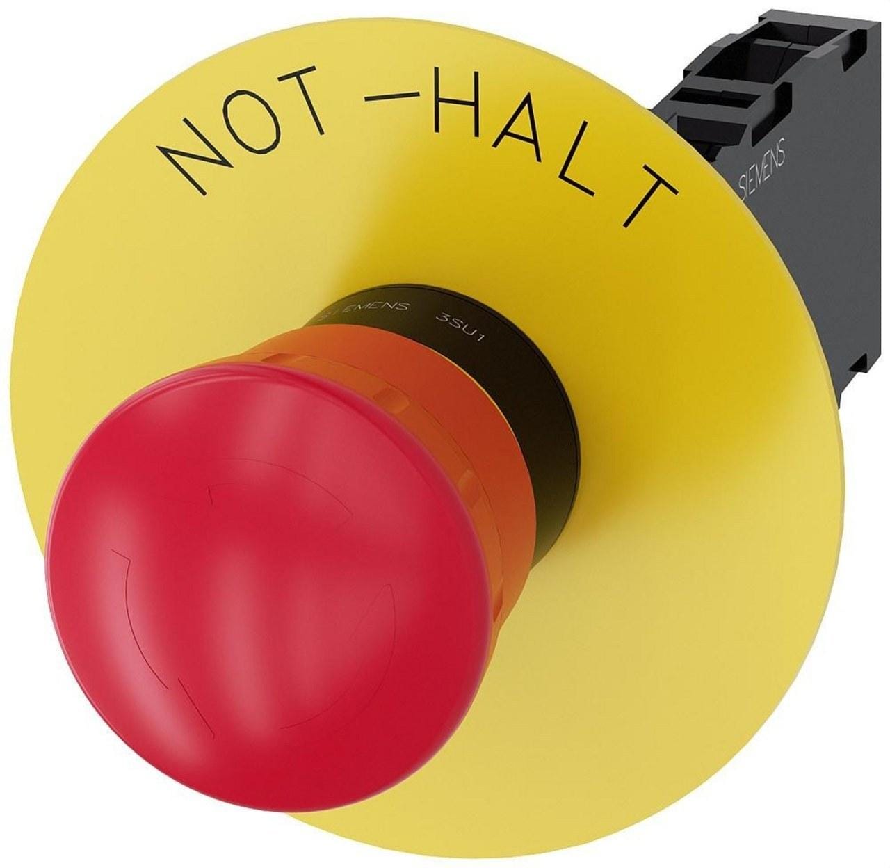 SIEMENS - Pulsador placa fondo amarillo "NOT-HALT" 1NA+1NC tornillo