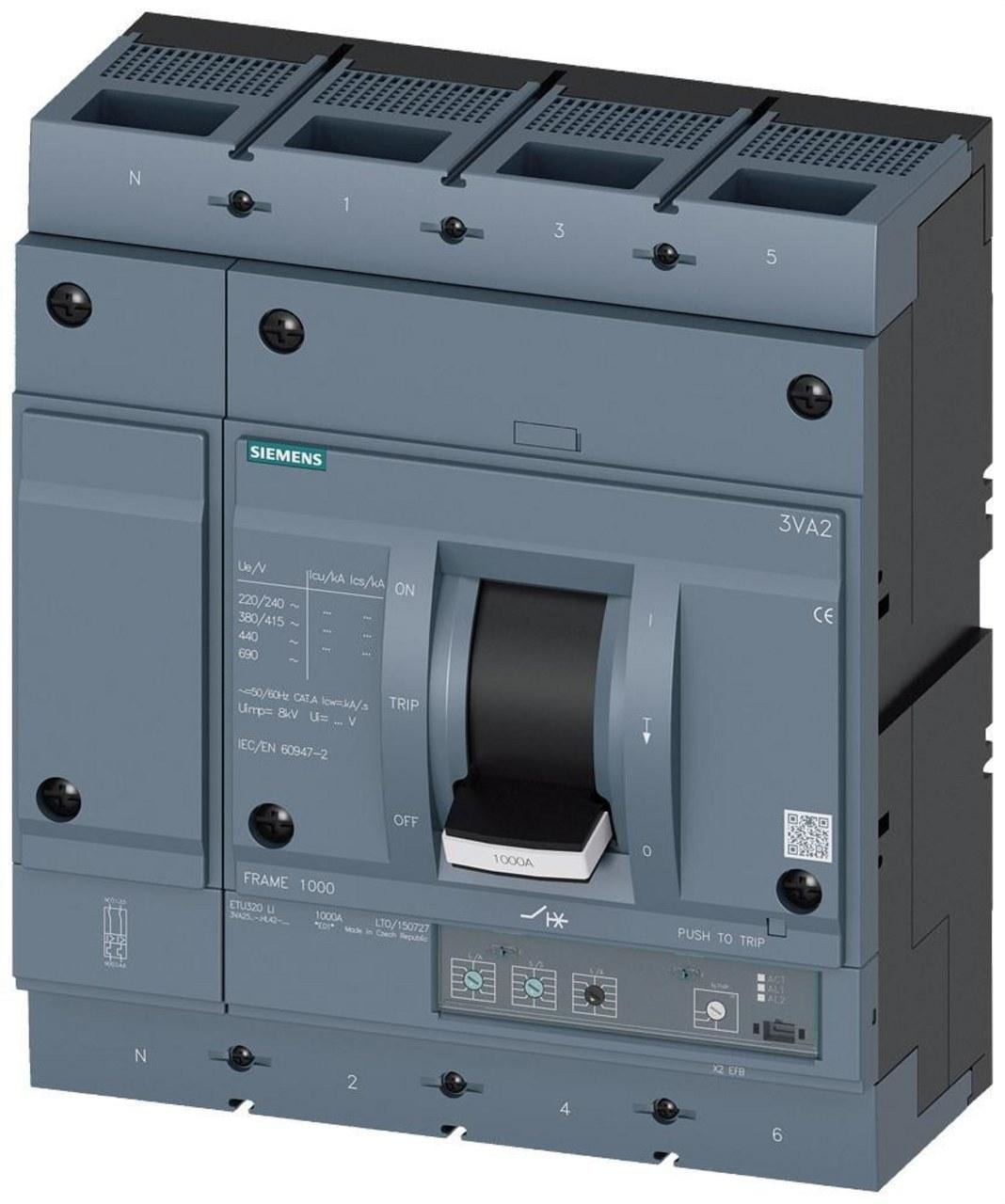 SIEMENS - Interruptor automático IEC, 1000A, 4 polos, 55kA, ETU320, LI, conexiones planas con tornillo