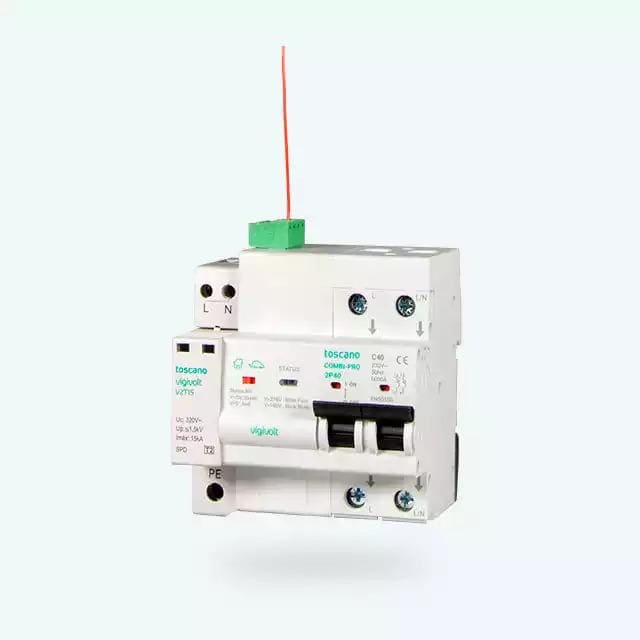 TOSCANO - Protector de sobretensión transitoria COMBI-PRO 2P40T15 IGA 2x40A 10kA 15kA permanente 240V AC subtensión