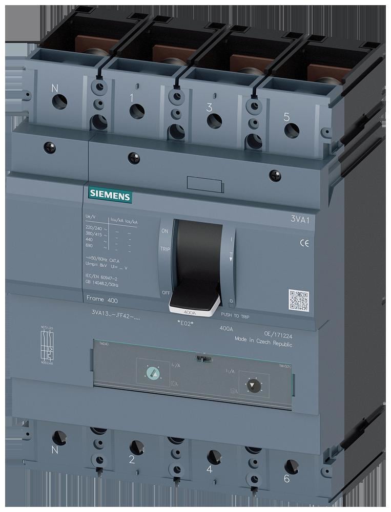 SIEMENS - Interruptor automático 3VA1 IEC tamaño 400 clase de poder de corte S ICU=55kA 415V 4 polos, protección de distribuciones TM240