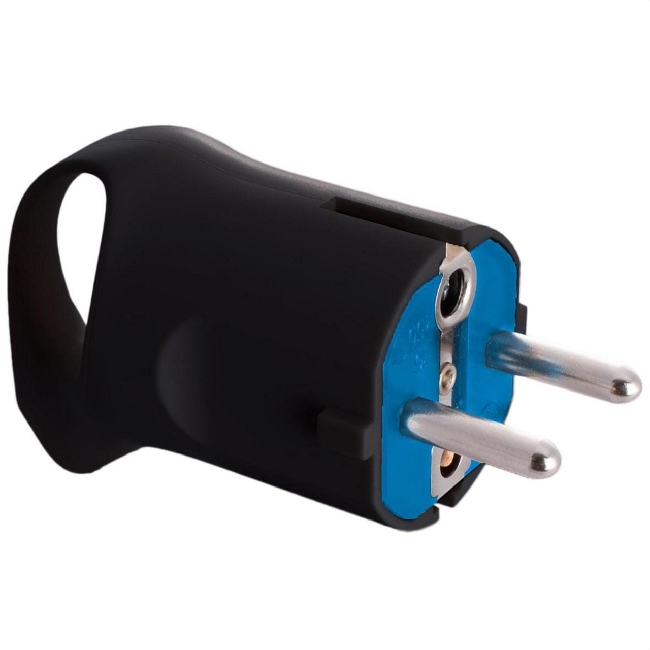SOLERA - Clavija 2P+T 16A 250V doble sistema de tierra, sujetacables abatible para fácil embornamiento, con asa, espiga de diámetro 4,8 negro