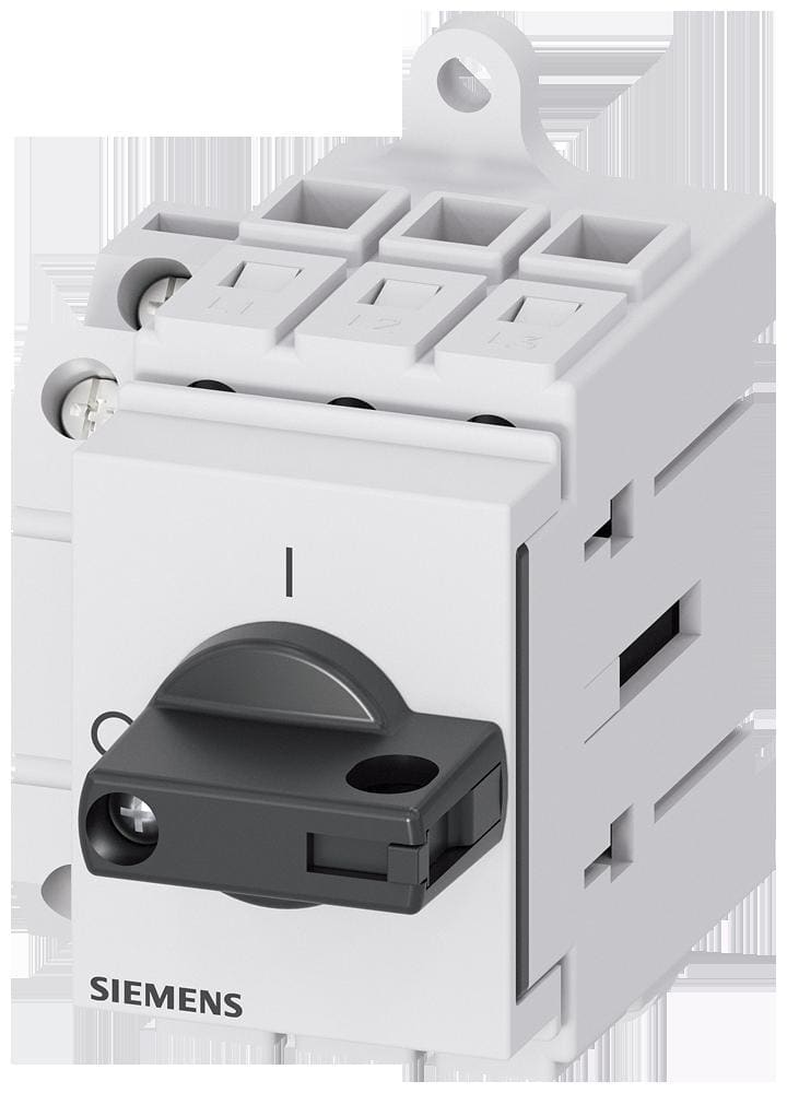 SIEMENS - Interruptor principal, 3 polos, Iu 16A, 1NA+1NC, maneta negra, 400V 7,5kW, montaje en cuadros de distribución