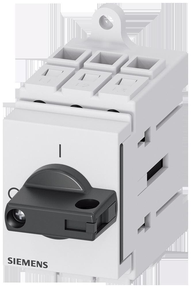 SIEMENS - Interruptor principal, 3 polos, Iu 25A, maneta negra, 400V 9kW, montaje en cuadros de distribución