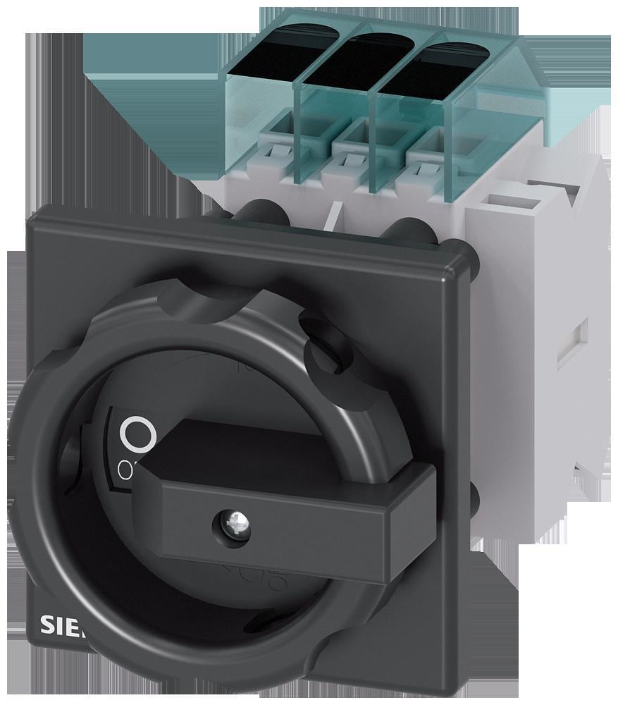 SIEMENS - Interruptor principal, 3 polos, Iu 16A, 1NA+1NC, accionamiento giratorio negro 66x66mm, 400V 7,5kW, fijación frontal en taladro único