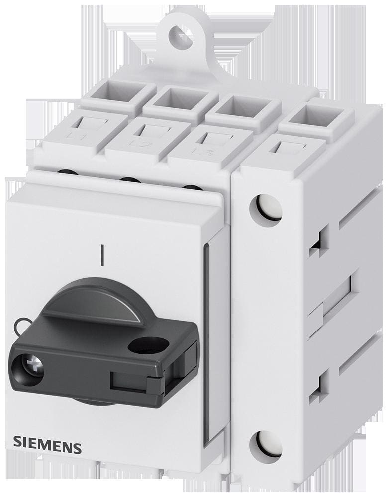 SIEMENS - Interruptor principal, 3 polos + N, Iu 25A, maneta negra, 400V 9kW, montaje en cuadros de distribución