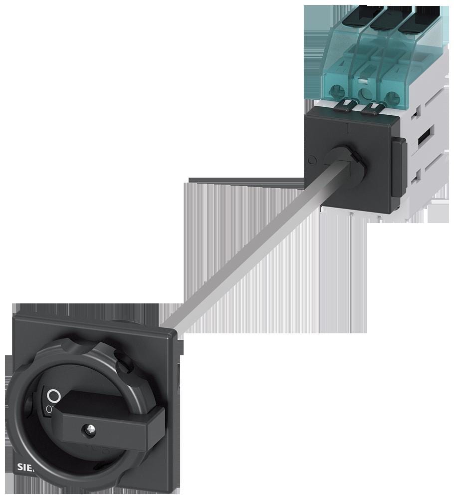 SIEMENS - Interruptor principal, 3 polos, Iu 25A, accionamiento giratorio negro 66x66mm, 400V 9kW, fijación en base con taladro único central