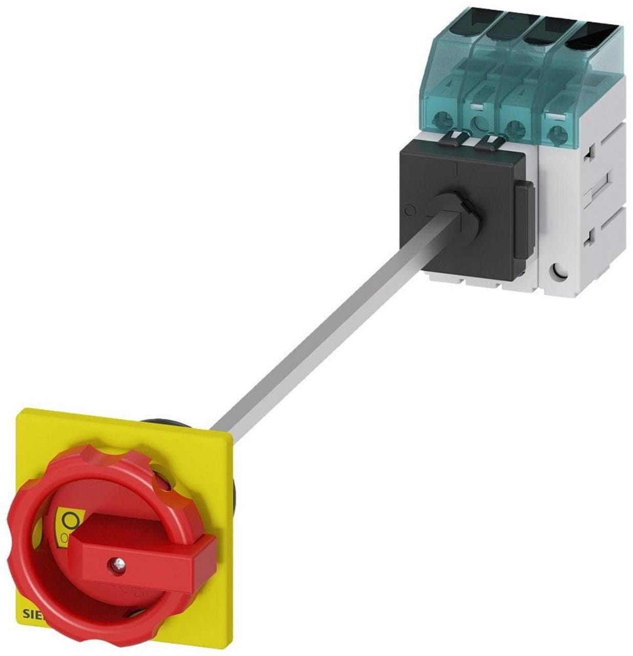 SIEMENS - Interruptor principal, 3 polos + N, Iu 25A, accionamiento giratorio rojo / amarillo 66x66mm, 400V 9kW, fijación en base con taladro único