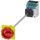 SIEMENS - Interruptor principal, 3 polos + N, Iu 25A, accionamiento giratorio rojo / amarillo 66x66mm, 400V 9kW, fijación en base con taladro único