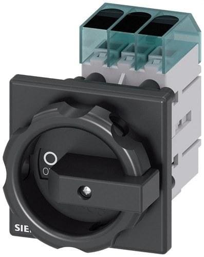 SIEMENS - Interruptor principal, 3 polos, Iu 25A, maneta negra 66x66mm, 400V 9kW, fijación frontal fijación en taladro único 22,5mm