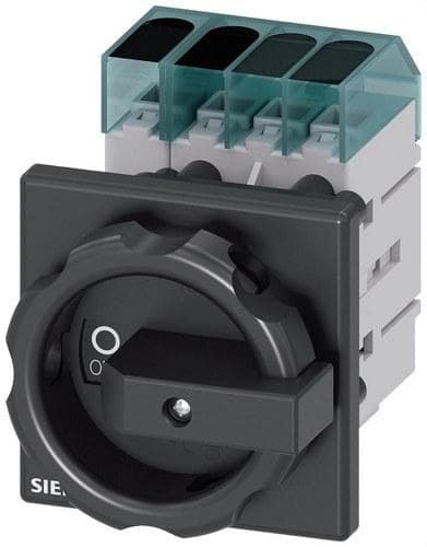 SIEMENS - Interruptor principal, 3 polos + N, Iu 25A, maneta negra 66x66mm, 400V 9kW, fijación frontal fijación en taladro único 22,5mm